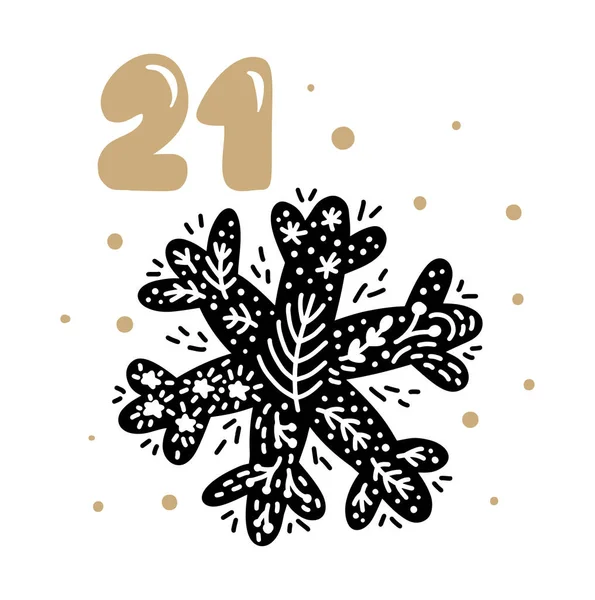 Зимовий вектор Ілюстрація сніжинки. Двадцять чотири дні перед відпусткою, двадцять перший день. Різдвяний календар з милою скандинавською рукою намальованою — стоковий вектор
