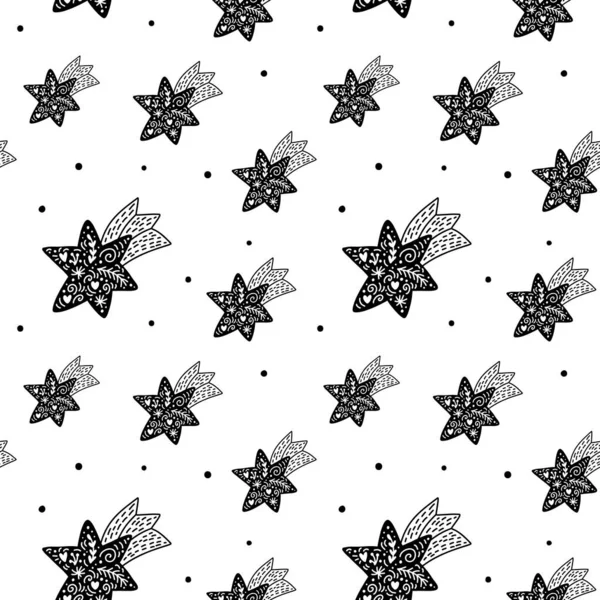 ベクトルクリスマス星と北欧シームレスなパターン。抽象的な手描き線テクスチャ図面。白を基調とした黒塗りの筆致。包装紙、壁紙の記入 — ストックベクタ