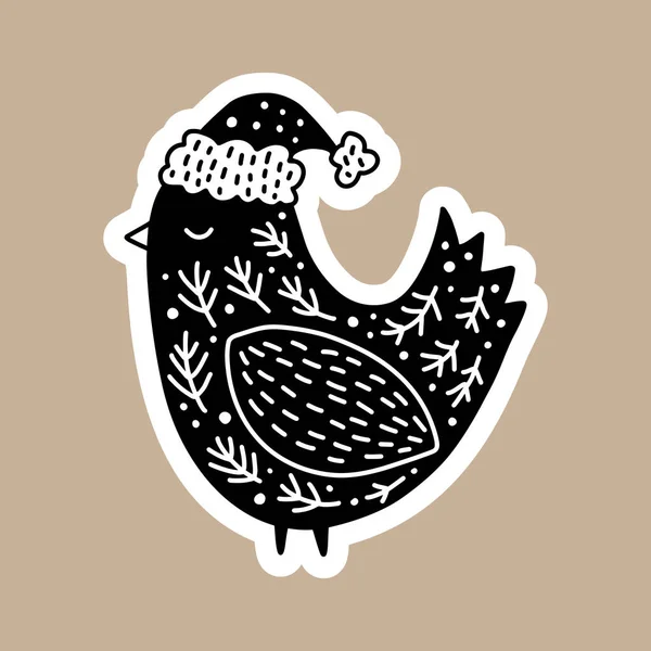 Kerst Zwarte vector sticker met leuke en grappige vogel in winterhoed. Met de hand getekend Scandinavische badge karakter voor notebook, plakboek of planner. platte grafische geïsoleerde illustratie — Stockvector