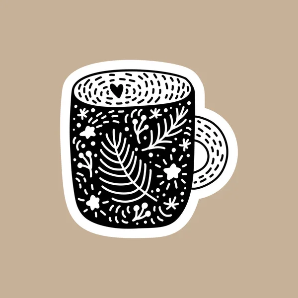 Etiqueta engomada vector negro de Navidad con lindo y divertido taza escandinava. Invierno dibujado a mano personaje de la insignia para portátil, álbum de recortes o planificador. Ilustración aislada gráfica plana nórdica — Vector de stock