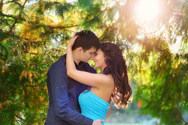 Man and woman kissing in the park on the setting sun — Stock Photo, Image