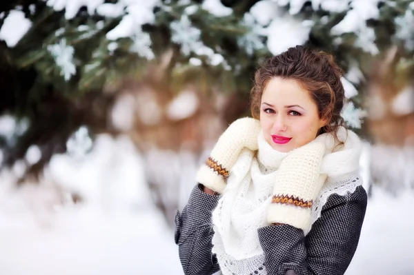 Bella ragazza nel parco in inverno scialle — Foto Stock