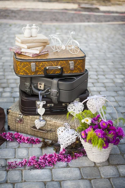 Decor lot of old suitcases — стоковое фото