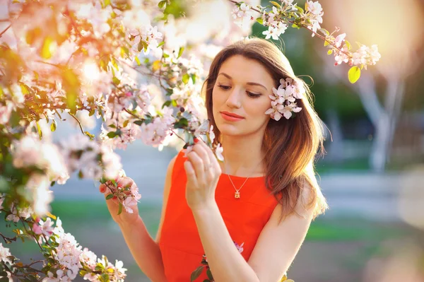 Retrato al aire libre de una hermosa mujer morena en vestido azul amo —  Fotos de Stock