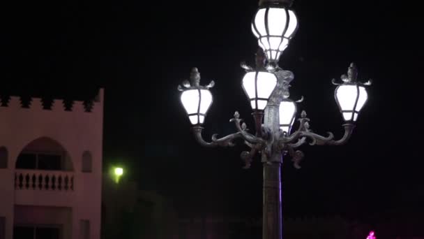 Вид на город ночью с подсвеченными фонарями — стоковое видео