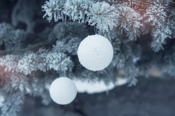 Christmas speelgoed op een besneeuwde boom — Stockfoto