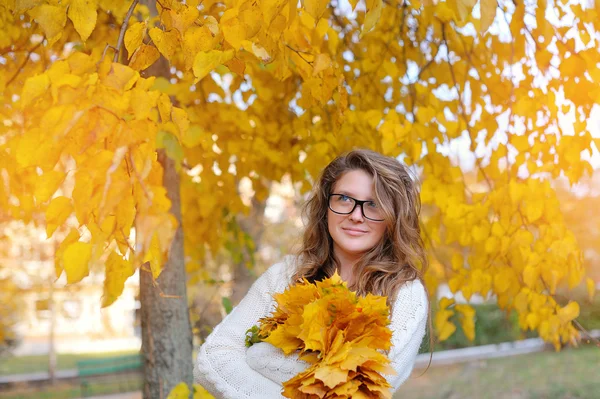 Beautiful girl in the autumn of glasses for vision in yellow lea — Stock Photo, Image