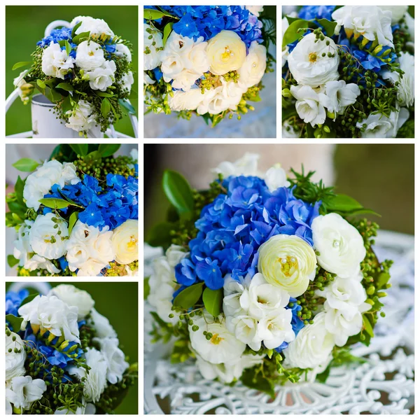 Collage di mazzi di fiori da sposa in stile blu — Foto Stock