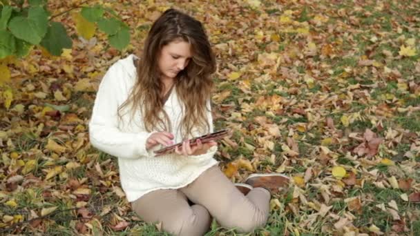 Smiling girl with tablet on the autumn landscape — Stock Video