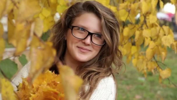 Chica en gafas en el parque de otoño en hojas — Vídeos de Stock