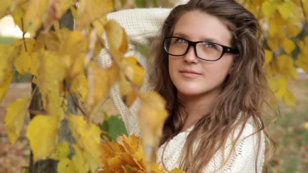 Fille dans des lunettes dans le parc d'automne sur les feuilles — Video