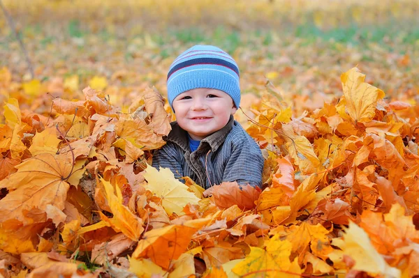 Outono menino retrato atirar no jardim — Fotografia de Stock