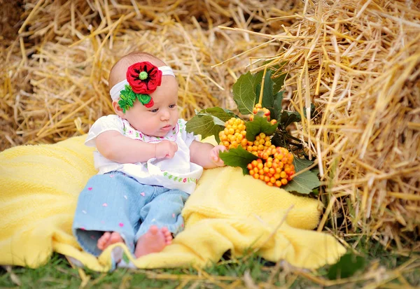 Bébé fille sur le foin dans le style ukrainien — Photo