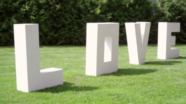 Grandes letras AMOR en la hierba en la boda — Vídeo de stock