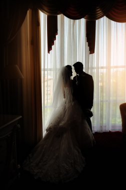 Gelin ve damat öpüşme önünde dar kazanmak silüeti