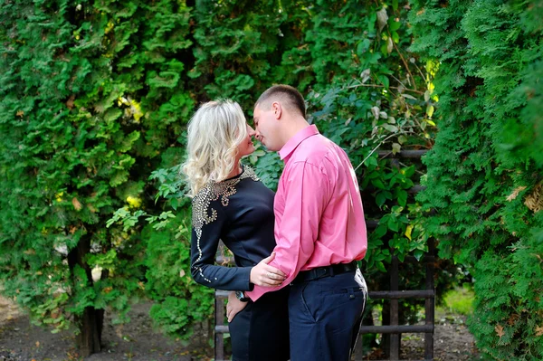 Casal abraçando em um parque sentado em um banco — Fotografia de Stock