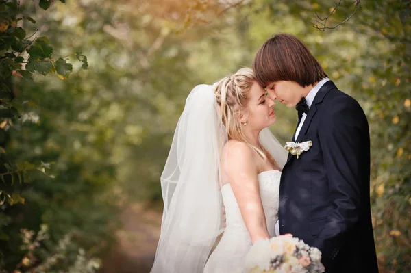 Couple marié dans la forêt embrassant — Photo