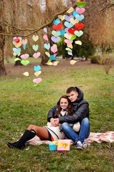 Beautiful couple enjoy a free day on picnic — Stock Photo, Image