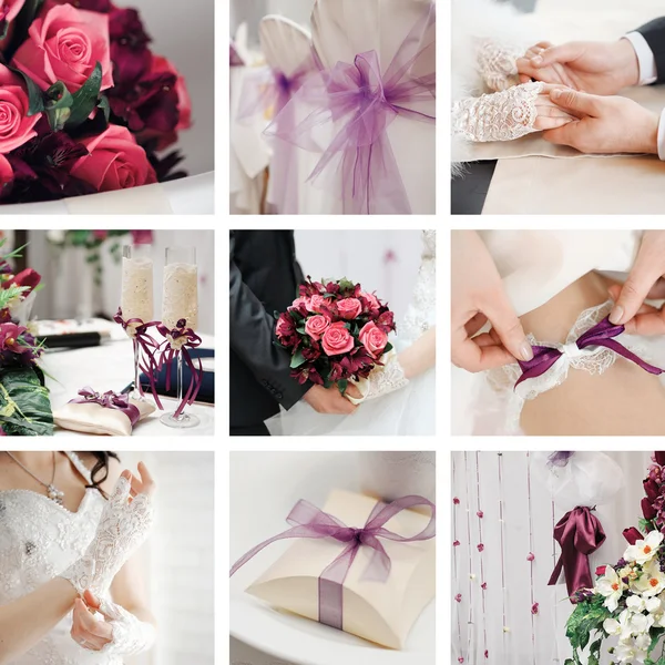 Collage di decorazioni nuziali, collage di nove foto di nozze — Foto Stock