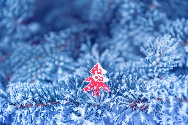 Winterhintergrund, Nahaufnahme von gefrostetem Kiefernzweig auf Schnee — Stockfoto