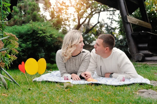 Muž a žena na piknik v létě — Stock fotografie