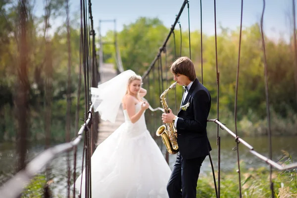 Невеста и жених прогуливаются по парку на свадьбе — стоковое фото