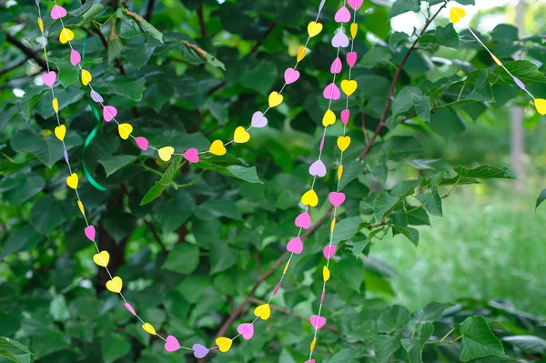 Decor garland of hearts on green leaves — Stock Photo, Image