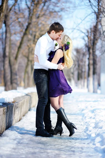 Wandelen in de winter park verliefde paar — Stockfoto