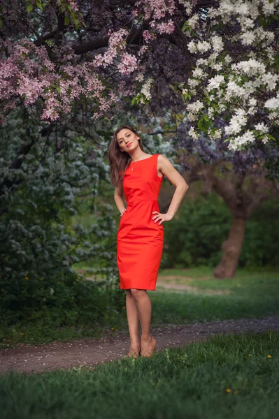 Happy girl in the spring flowery park in a red dress — Stock Photo, Image