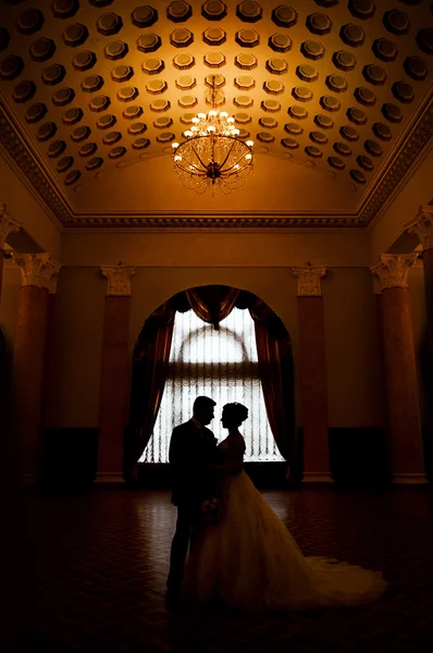 Silueta de una novia y un novio en un castillo —  Fotos de Stock