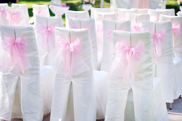 Decorated with pink bows on the chairs wedding ceremony — Stock Photo, Image