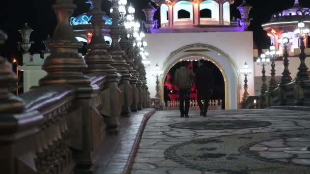 Farolas iluminadas por la noche. caminando personas — Vídeo de stock