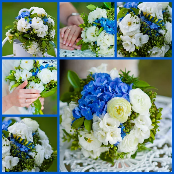 Collage of wedding bouquet of blue hydrangeas — Stock Photo, Image