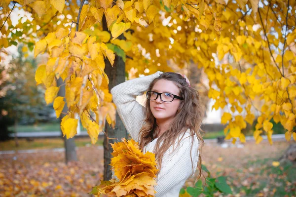 Jeune femme aux feuilles d'automne à la main et à l'automne érable jaune gar — Photo