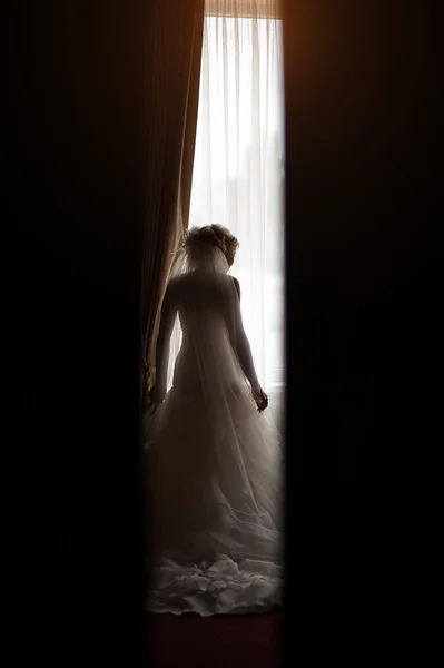 Silhouette of a bride at the window — Stock Photo, Image