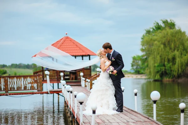 Casamento feliz casal noiva e noivo no parque — Fotografia de Stock