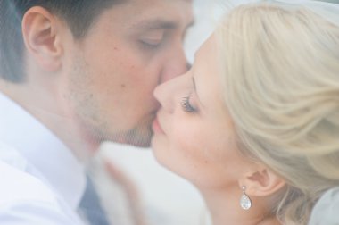 Gelin ve damat bir peçe ve öpücük ile kaplıdır aşk