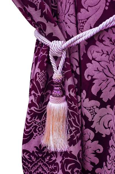 Purple curtain with tassel decoration on white background — Stock Photo, Image