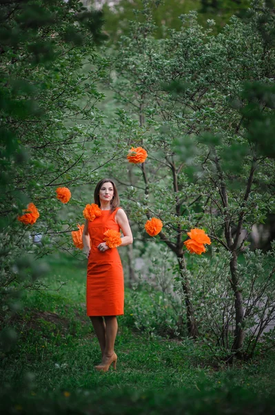 Beautiful young woman in a spring park with the decor pompons — Stock Photo, Image