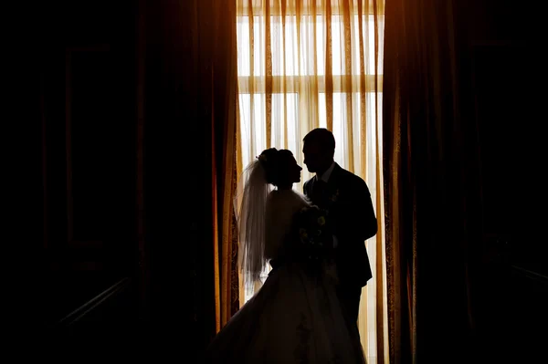 Silhouette of a bride and groom on the background of a window wi — Stock Photo, Image