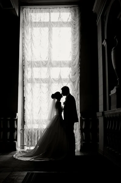 Silhouette of a bride and groom on the background of a window — Stock Photo, Image