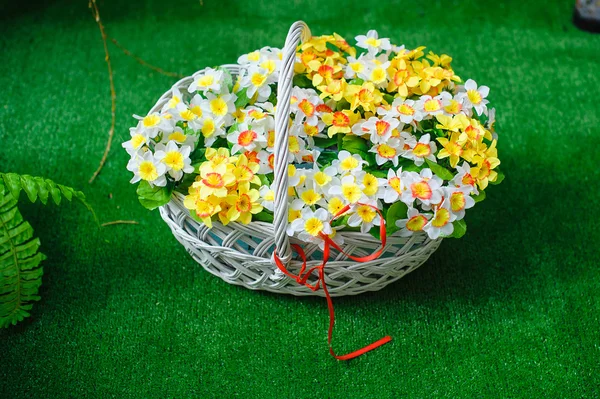Basket with beautiful flowers standing on the green grass — Stock Photo, Image
