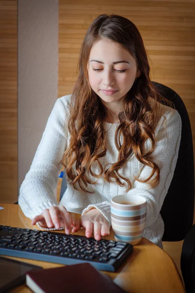 Beautiful girl working in the office at the computer — Stock Photo, Image