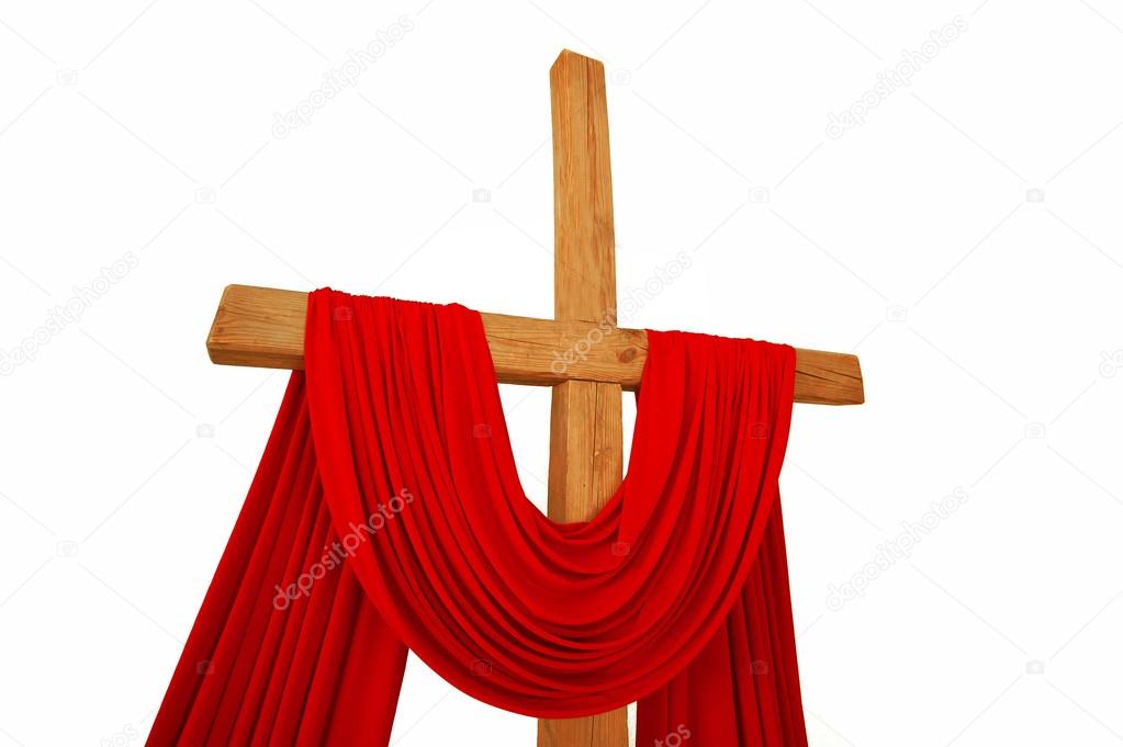 Christian cross with a red cloth isolated on a white background