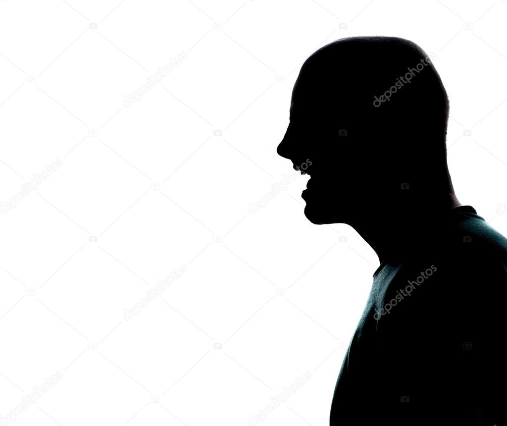 one caucasian man portrait silhouette profile screaming angry in studio on white background