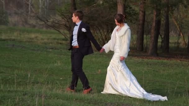 Groom with bride walking in the woods in spring — Stock Video