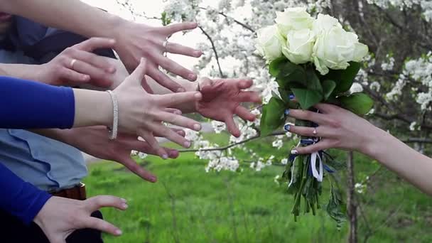 Braut hält einen Strauß und viele Hände versuchen ihn zu ergreifen — Stockvideo