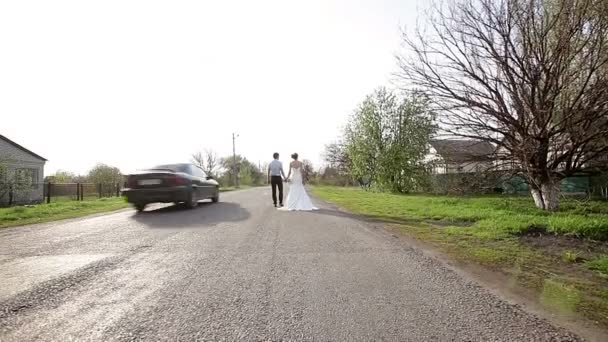 Noiva e noivo estão na estrada de distância — Vídeo de Stock