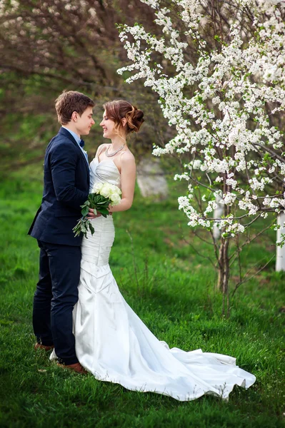 Bride and groom stand near a flowering tree in spring garden