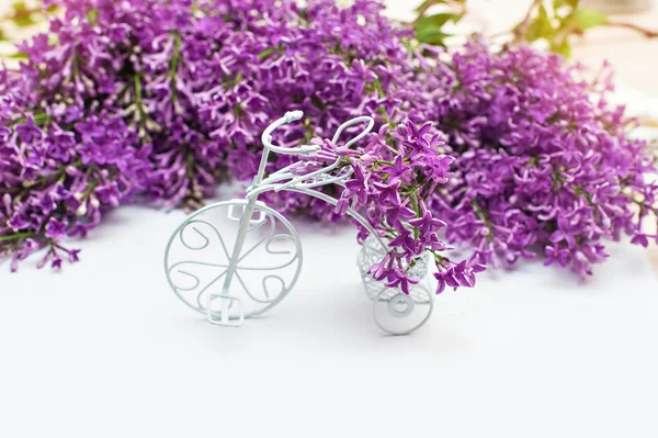 Beautiful spring lilac and small white bicycle on a background — Stock Photo, Image